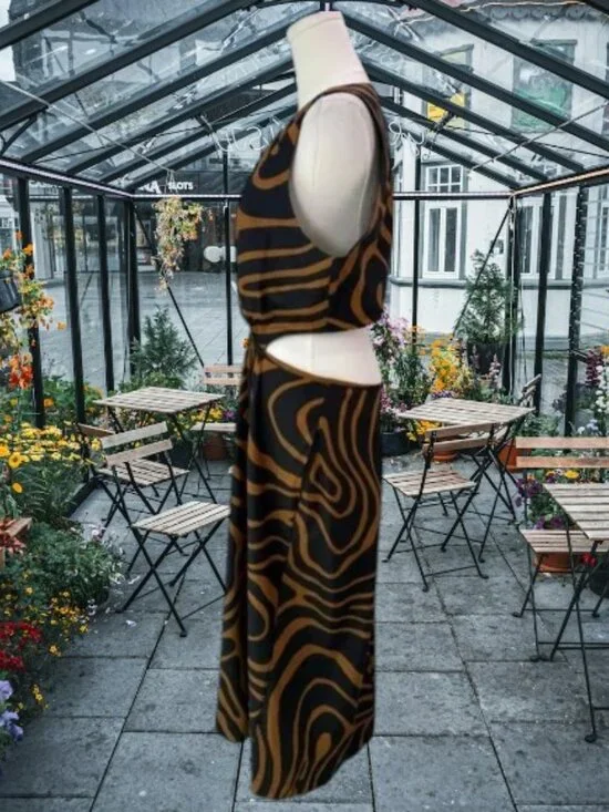 Banana Republic Brown Zebra Print Linen Blend Cut-Out Midi Dress Size:12 NWOT - Picture 2 of 12